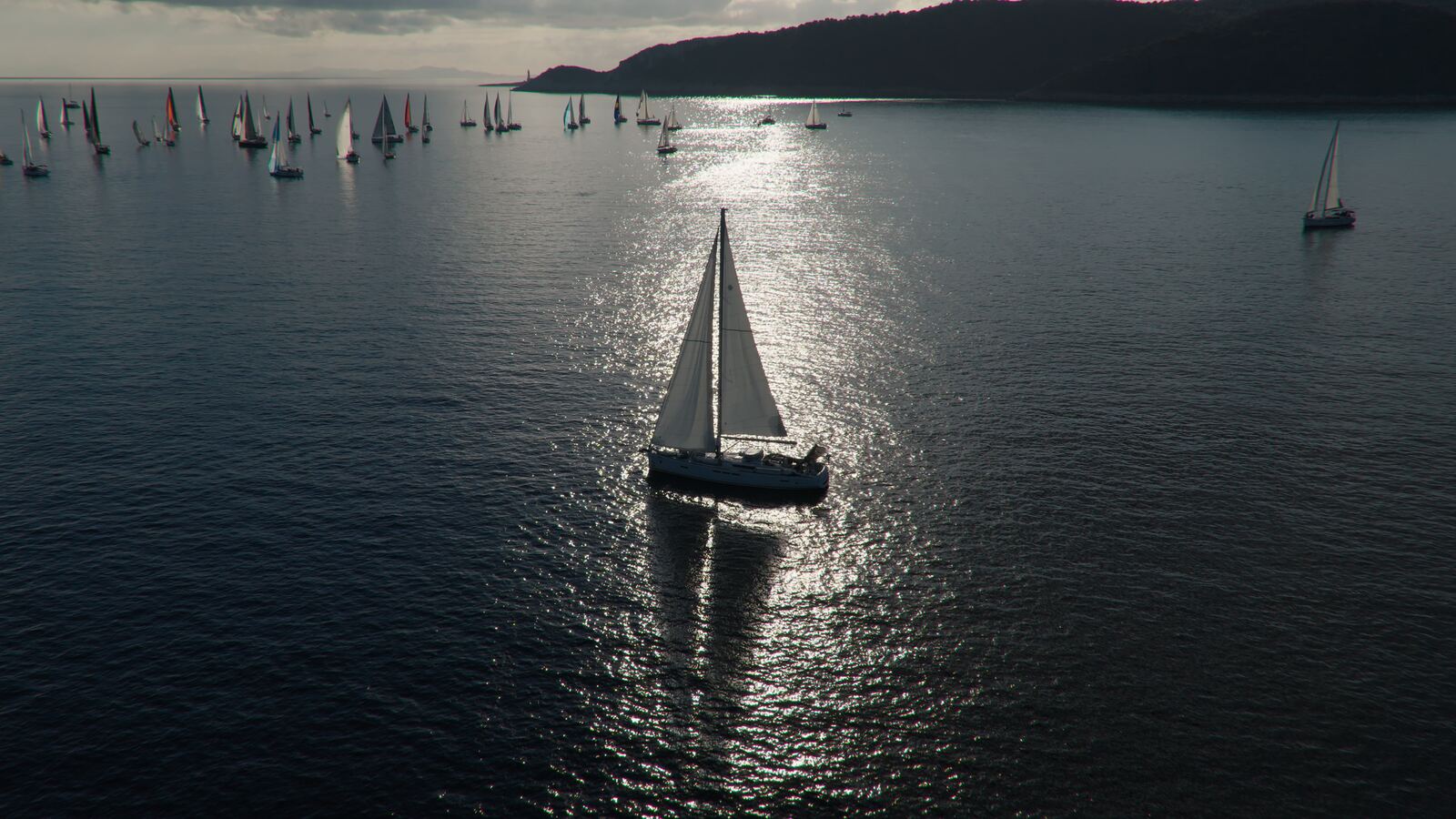 A sailboat under full sail on silver, backlit water, with a fleet of racing yachts behind it.